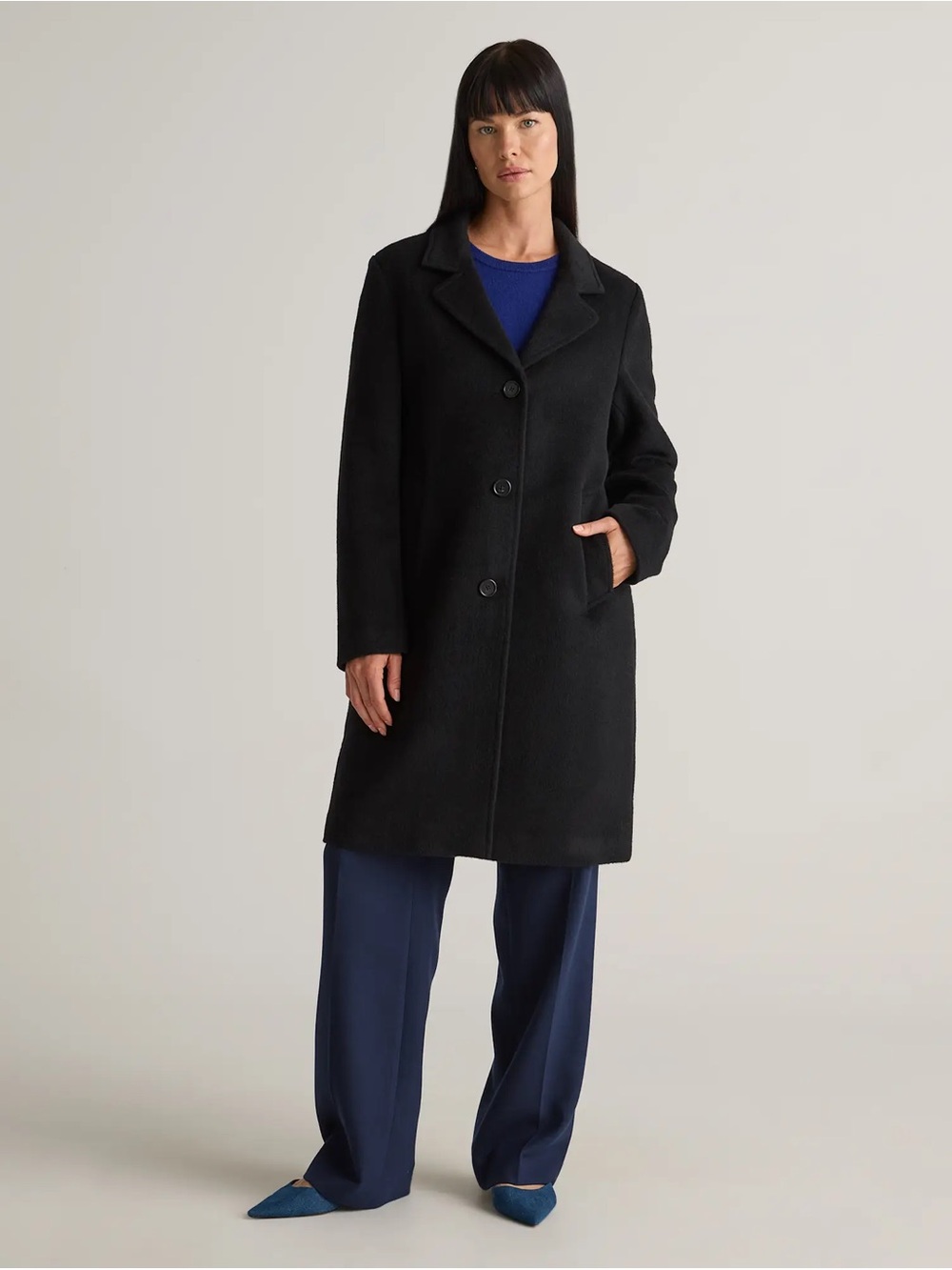 Quince NWT Women's Camel Hair Single-Breasted Midi Coat Black S Small